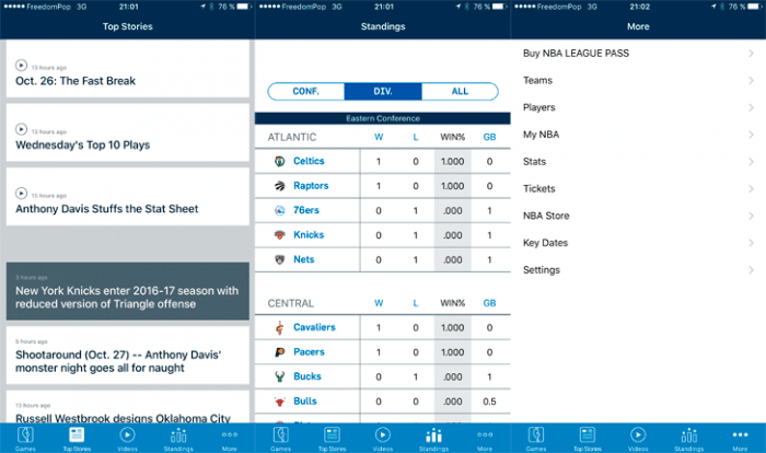 NBA iOS App Menu